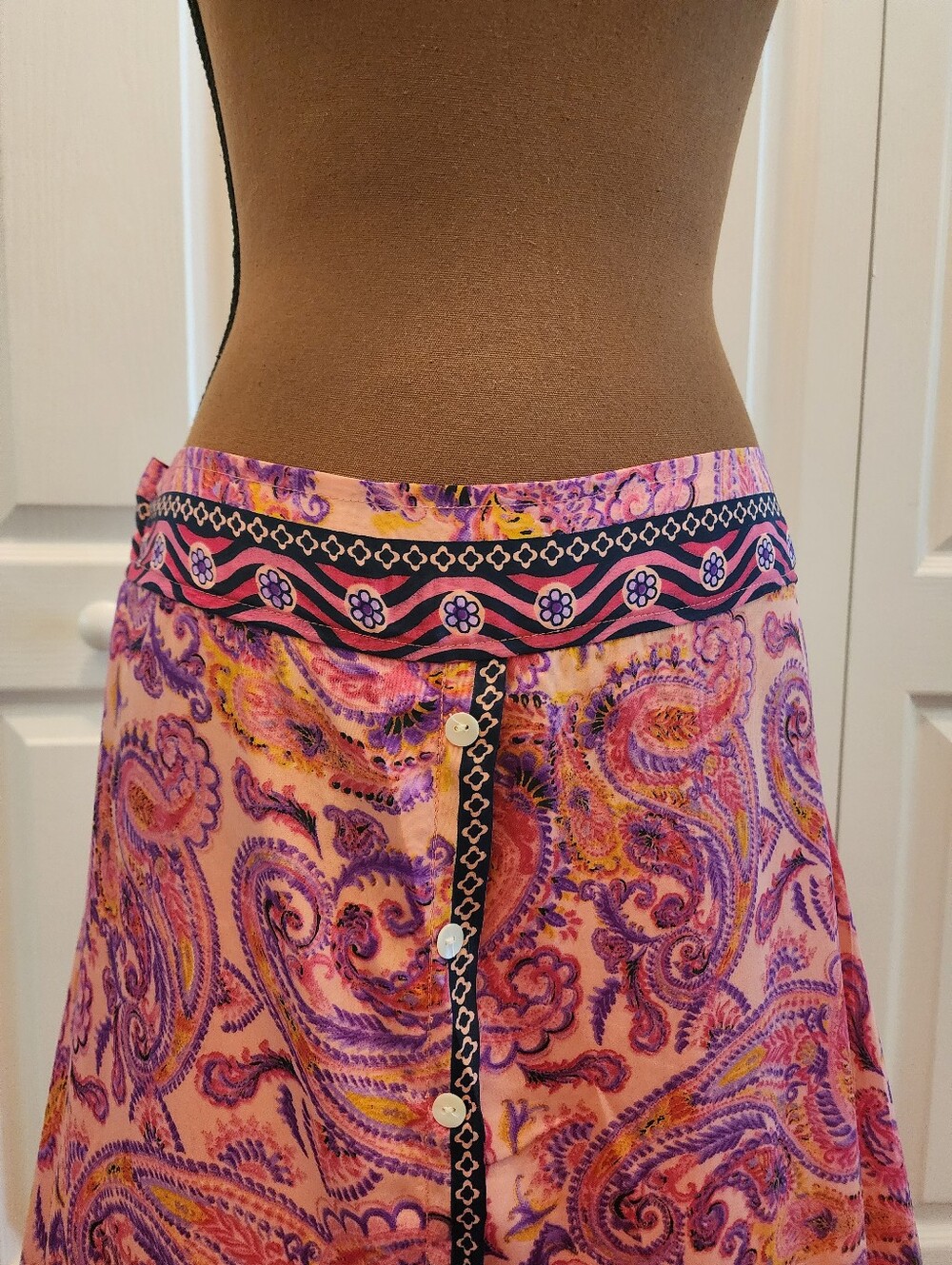 Vibrant Pink Paisley Boho Tiered Maxi Skirt Front Button Slit Smocked Waistband - Picture 5 of 13